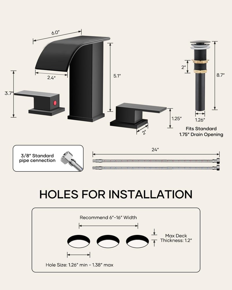 AVSIILE Matte Black Waterfall Bathroom Faucet 3 Hole, 8 Inch Widespread Modern 3 Piece Bathroom Sink Faucet, Touch On Lavatory Faucet for Vanity RV Restroom, Curved Spout - Image 2